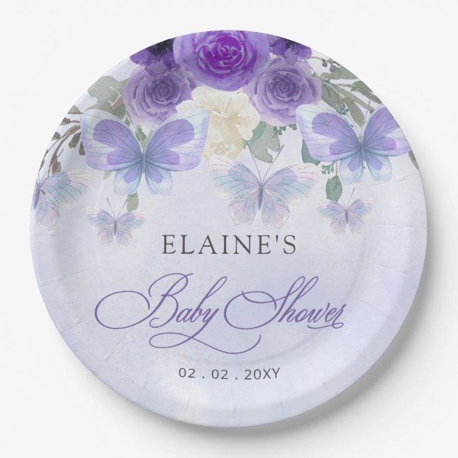 Rustic Floral Purple Lilac Butterflies Baby Shower Paper Plates (Front)