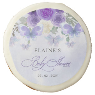 Rustic Floral Purple Lilac Butterflies Baby Shower Sugar Cookie