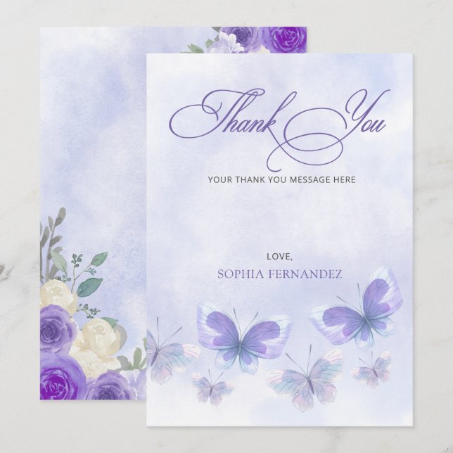 Rustic Floral Purple Lilac Butterflies Baby Shower Thank You Card (Front/Back)