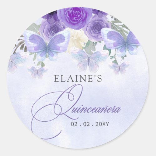Rustic Floral Purple Lilac Butterflies Quinceanera Classic Round Sticker