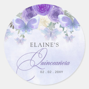 Rustic Floral Purple Lilac Butterflies Quinceanera Classic Round Sticker