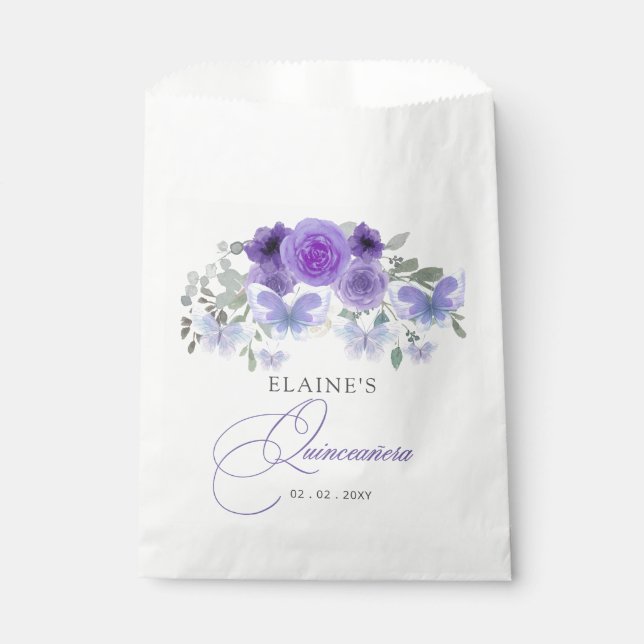 Rustic Floral Purple Lilac Butterflies Quinceanera Favor Bag (Front)
