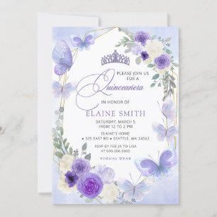 Rustic Floral Purple Lilac Butterflies Quinceanera Invitation