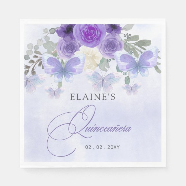 Rustic Floral Purple Lilac Butterflies Quinceanera Napkins (Front)