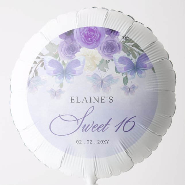 Rustic Floral Purple Lilac Butterflies Sweet 16 Balloon (Front)