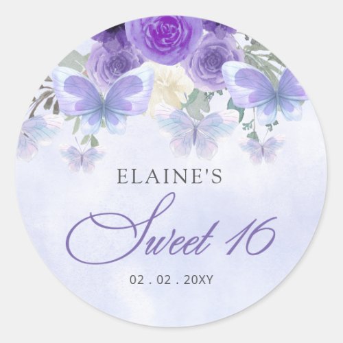 Rustic Floral Purple Lilac Butterflies Sweet 16 Classic Round Sticker