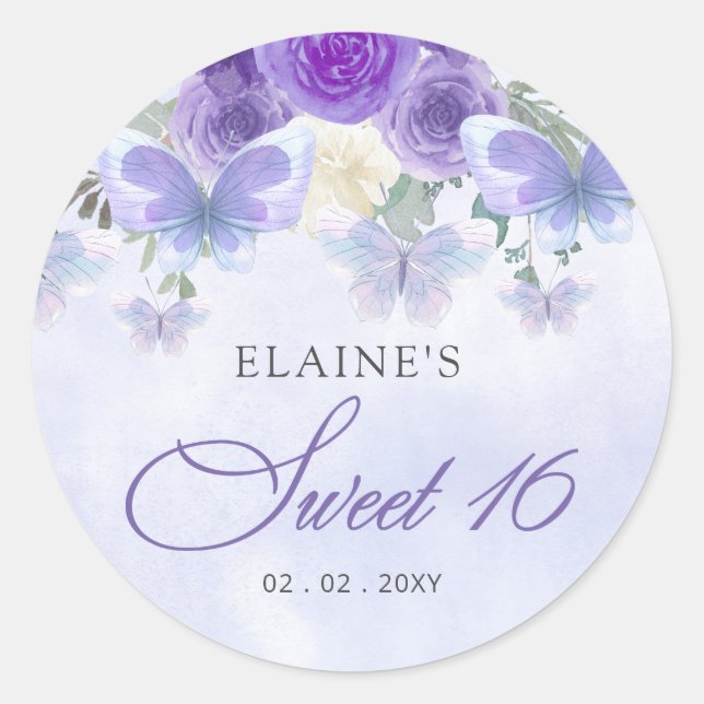 Rustic Floral Purple Lilac Butterflies Sweet 16 Classic Round Sticker (Front)