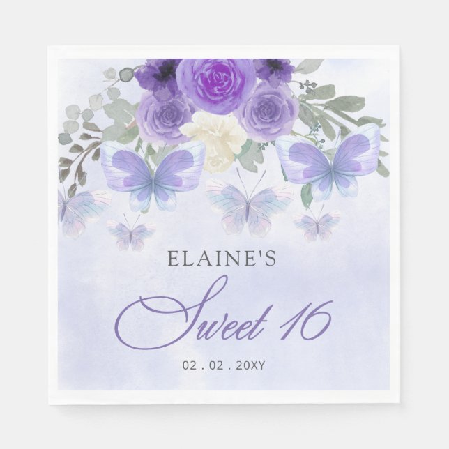 Rustic Floral Purple Lilac Butterflies Sweet 16 Napkins (Front)