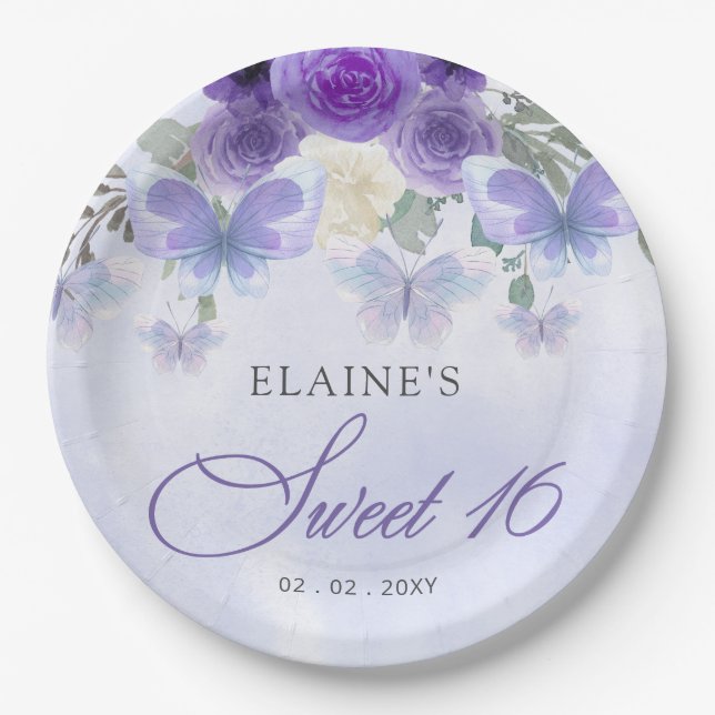 Rustic Floral Purple Lilac Butterflies Sweet 16 Paper Plates (Front)