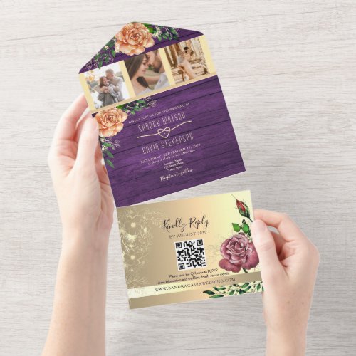 Rustic Floral Purple Photos Wedding All In One Invitation