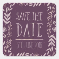 Rustic Floral Purple Save the Date Square Sticker