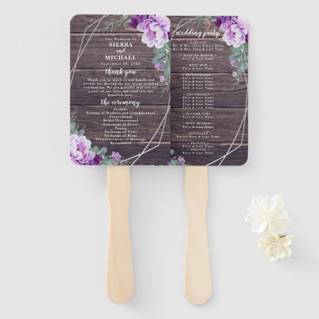 Rustic Floral Purple & Silver Wedding Program Hand Fan (Front and Back)