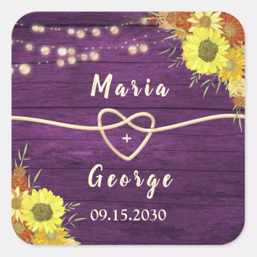 Rustic Floral Purple Wedding Favor Square Sticker