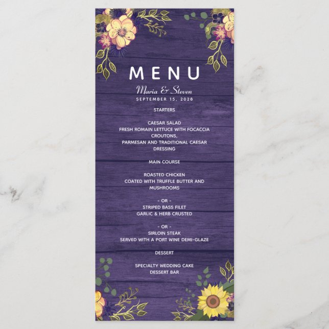 Rustic Floral Purple Wedding Menu (Front)