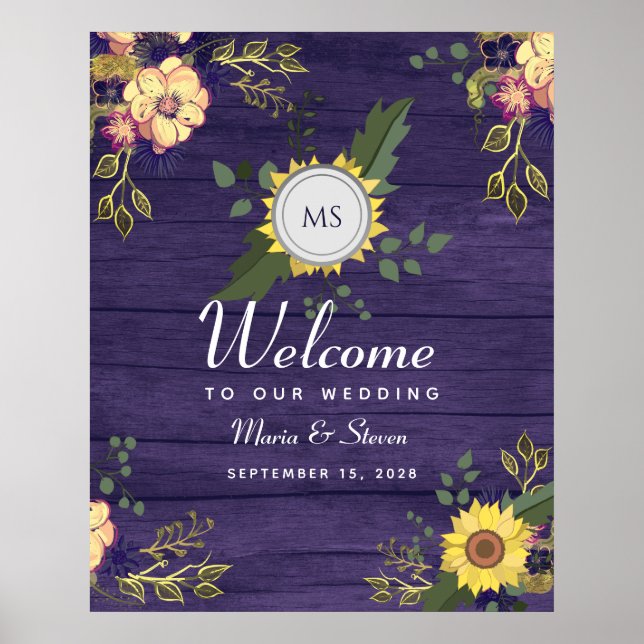 Rustic Floral Purple Wedding Welcome Poster (Front)