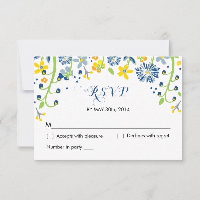 Rustic Floral | R S V P Reply Card Navy Yellow (Front)