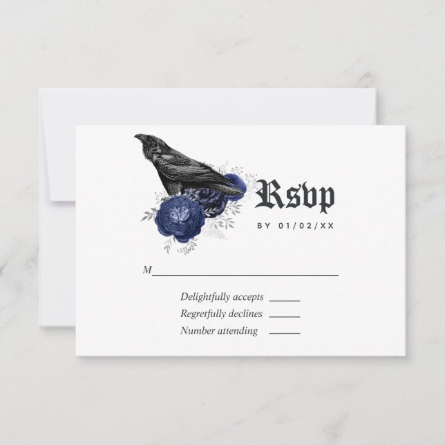 Rustic Floral Raven Gothic Wedding RSVP Card (Front)