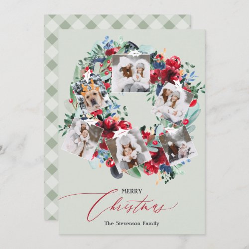 Rustic floral red 6 photos Christmas wreath green Holiday Card