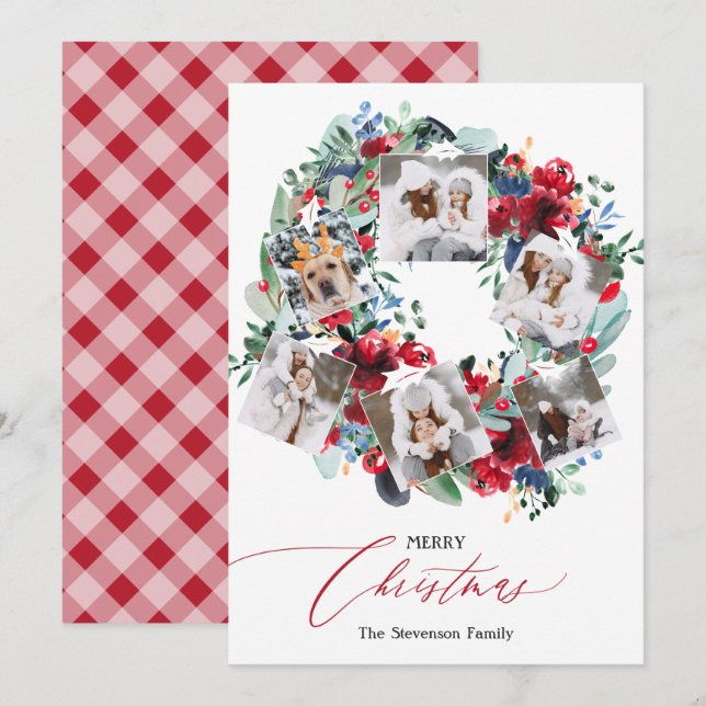 Rustic floral red 6 photos Christmas wreath Holiday Card (Front/Back)