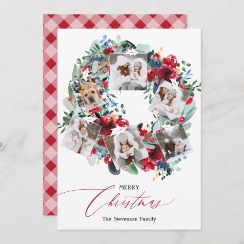 Rustic floral red 6 photos Christmas wreath Holiday Card