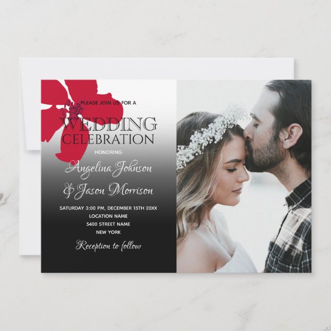 Rustic Floral Red Black and White Wedding Photo Invitation (Front)
