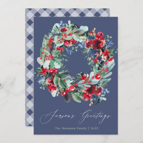 Rustic floral red blue Christmas wreath Holiday Card