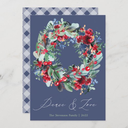 Rustic floral red blue Christmas wreath Peace Holiday Card