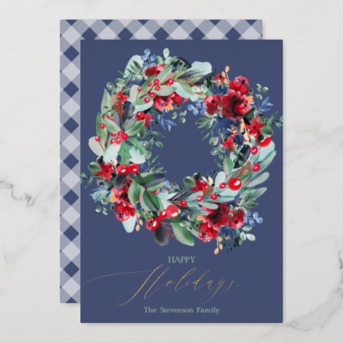 Rustic floral red chic blue Christmas wreath happy Foil Holiday Card