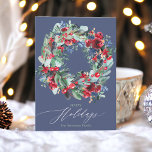Rustic floral red chic blue Christmas wreath happy Holiday Card<br><div class="desc">Happy Holidays,  Celebrate Christmas and the winter season with this rustic painted red,  navy blue and green botanical wreath with flowers,  holy berries,  pine branches with an editable dark blue plaid flannel background.</div>