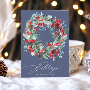 Rustic floral red chic blue Christmas wreath happy Holiday Card