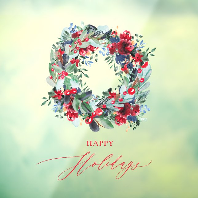 Rustic floral red Christmas wreath happy Holidays Window Cling (Sheet 3)