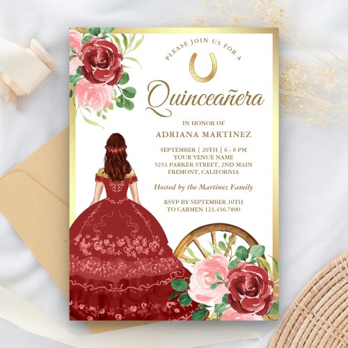 Rustic Floral Red Dress Charro Gold Quinceanera Invitation