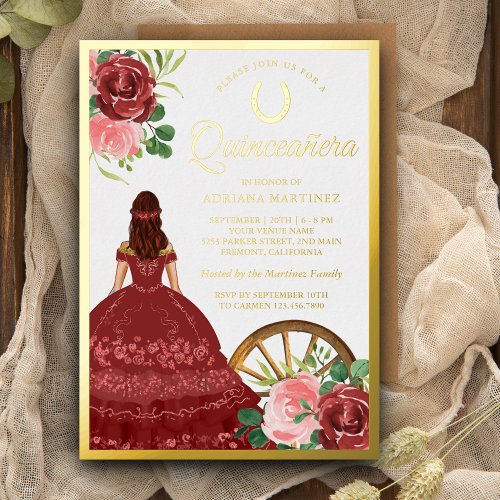 Rustic Floral Red Dress Charro Quinceanera Gold Foil Invitation