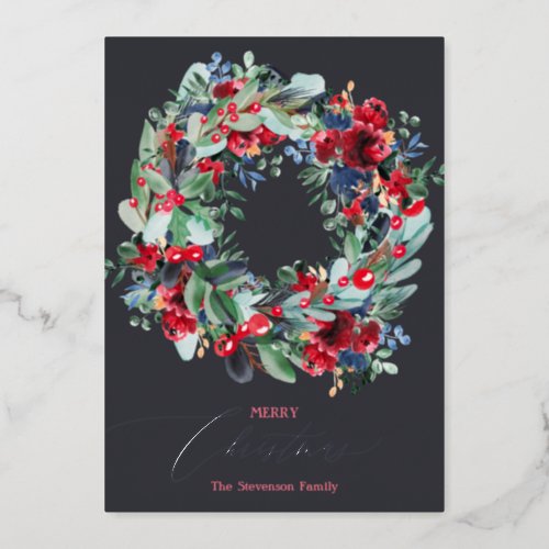 Rustic floral red gray blue Christmas wreath  Foil Holiday Card