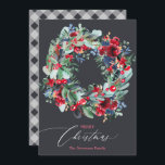 Rustic floral red gray blue Christmas wreath Holiday Card<br><div class="desc">Celebrate Christmas and the winter season season with this rustic painted red,  navy blue and green botanical wreath with flowers,  holy berries,  pine branches with an editable gray plaid flannel background.</div>