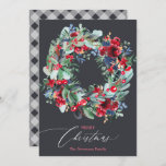 Rustic floral red gray blue Christmas wreath Holiday Card<br><div class="desc">Celebrate Christmas and the winter season season with this rustic painted red,  navy blue and green botanical wreath with flowers,  holy berries,  pine branches with an editable gray plaid flannel background.</div>