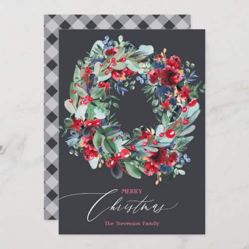 Rustic floral red gray blue Christmas wreath Holiday Card