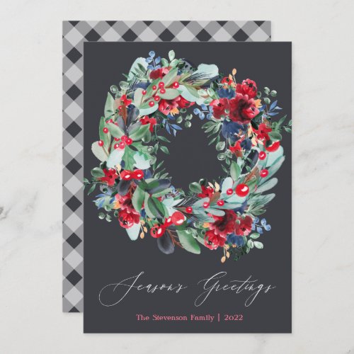 Rustic floral red gray Christmas wreath Holiday Card