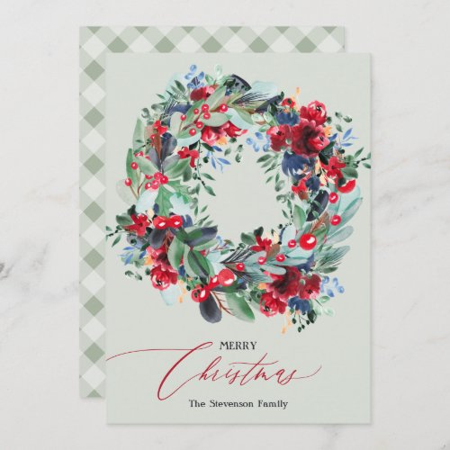 Rustic floral red green Christmas wreath  Holiday Card