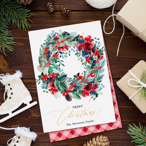 Rustic floral red navy blue Christmas wreath  Foil Holiday Card
