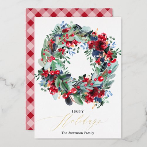 Rustic floral red navy blue Christmas wreath happy Foil Holiday Card
