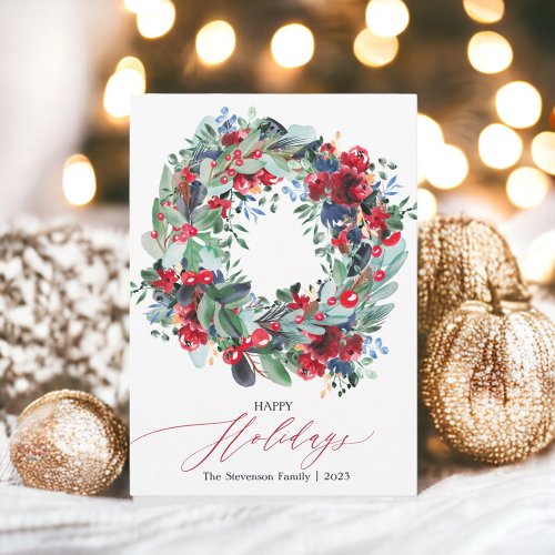 Rustic floral red navy blue Christmas wreath happy Holiday Card