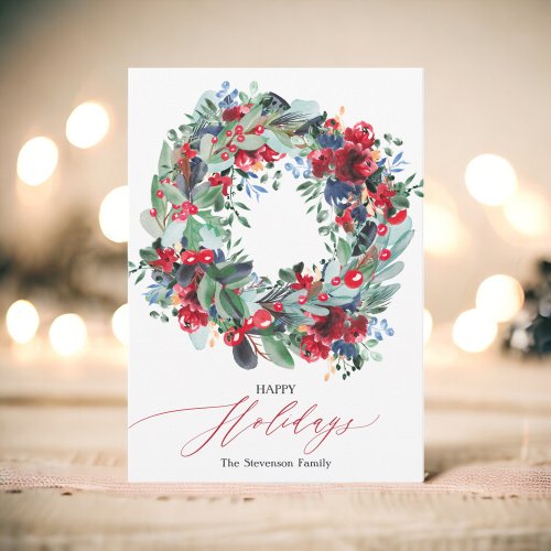 Rustic floral red navy blue Christmas wreath happy Holiday Card