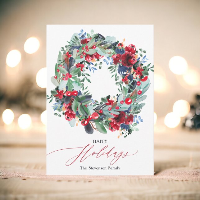 Rustic floral red navy blue Christmas wreath happy Holiday Card (Rustic floral red navy blue Christmas wreath happy Holiday Card)