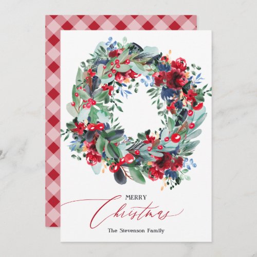 Rustic floral red navy blue Christmas wreath Holiday Card