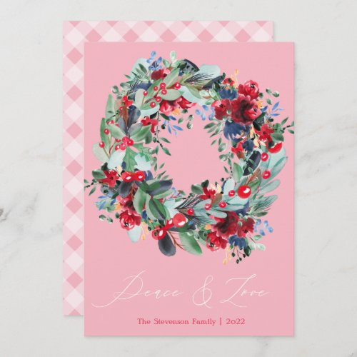 Rustic floral red pink Christmas wreath Peace Holiday Card