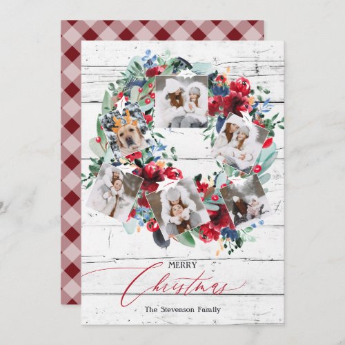 Rustic floral red wood 6 photos Christmas wreath Holiday Card