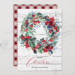 Rustic floral red wood Christmas wreath Holiday Card<br><div class="desc">Celebrate Christmas and the winter season season with this rustic painted red,  navy blue and green botanical wreath with flowers,  holy berries,  pine branches on rustic light gray beach wood with an editable red plaid flannel background.</div>