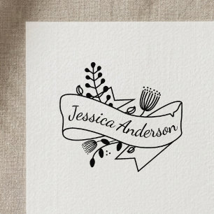 Rustic Floral Ribbon Badge Personalized Name Self-inking Stamp
