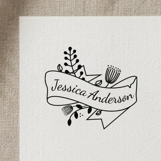 Rustic Floral Ribbon Badge Personalized Name Self-inking Stamp (Creator Uploaded)